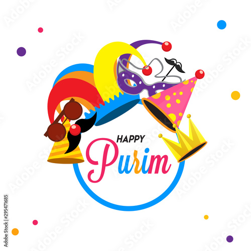 Happy Purim greeting card design with illustration of party props, hat, and crown on white background.