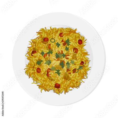 Top view of Rajasthani dish Gatte ka Pulao on plate.