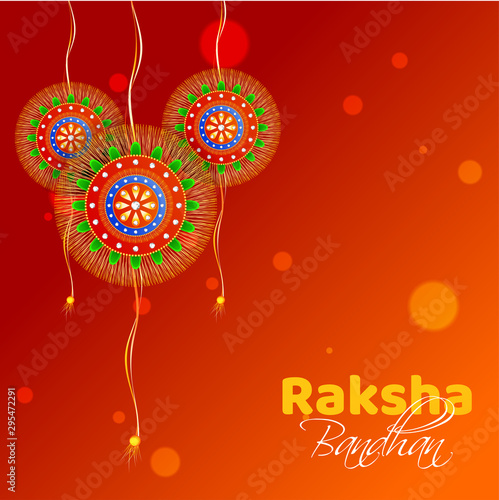 Raksha Bandhan banner or poster design with rakhi (wristbands) on shiny orange background.