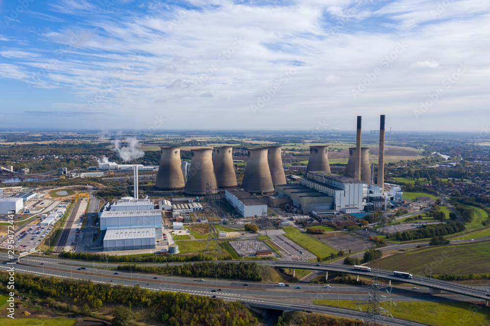 Aerial photo of the Ferrybridge Power Station located in the Castleford area of Wakefield in the UK, showing the power station cooling towers.
