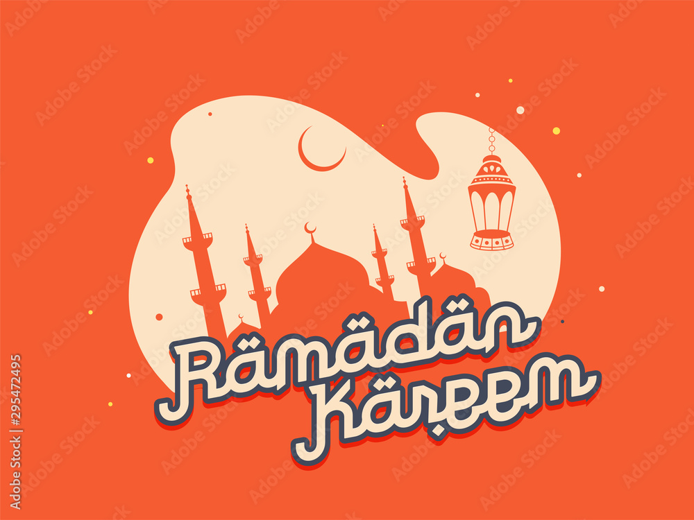 Poster or flyer design with Mosque on orange background for Ramadan Kareem celebration banner or poster design.