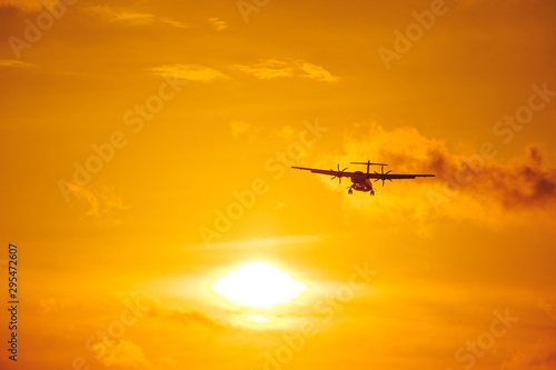Silhouette of a passenger airliner in the sky during sunset. Airplane in the sky. © Evgenii Starkov