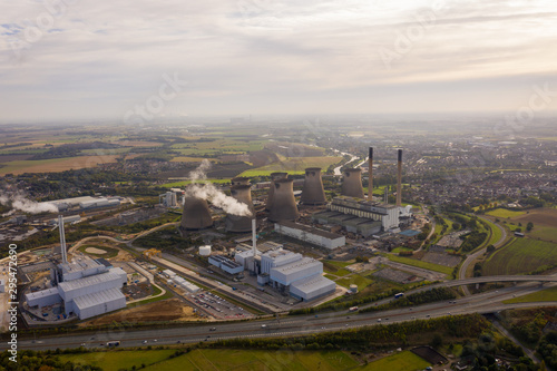 Aerial photo of the Ferrybridge Power Station located in the Castleford area of Wakefield in the UK, showing the power station cooling towers.