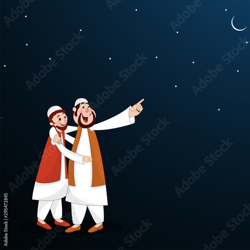Muslim men watching moon with hugging each other on the occasion of Ramadan Mubarak.