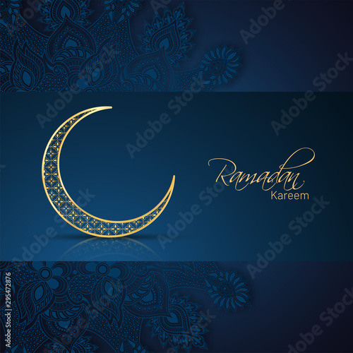 Ornamental crescent moon illustration and floral decorated blue background for Ramadan Kareem banner or poster design.