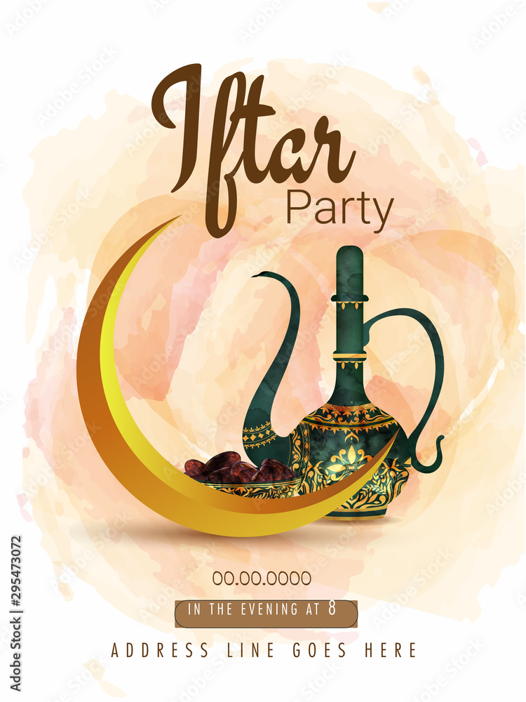 Beautiful mug and sweets bowl on watercolor background for Iftar Party  Invitation card, space for your text and address. Stock Vector | Adobe Stock