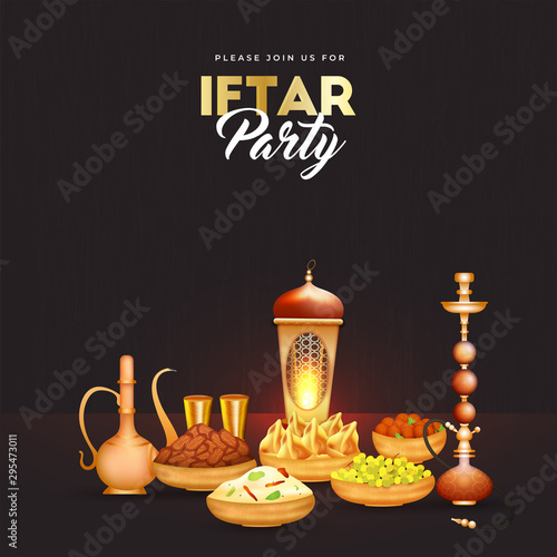 Illuminated beautiful lanterns and festival element on brown background for Iftar Party Celebration banner or poster design. photo