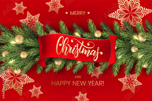 Holiday's Background for Merry Christmas greeting red card with a realistic green garland of pine tree branches, decorated with Christmas candy, snowflakes, red berries