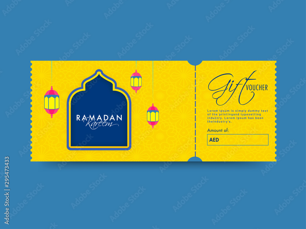 Horizontal gift coupon or voucher layout with best discount offer and hanging lantern decoration on white background.