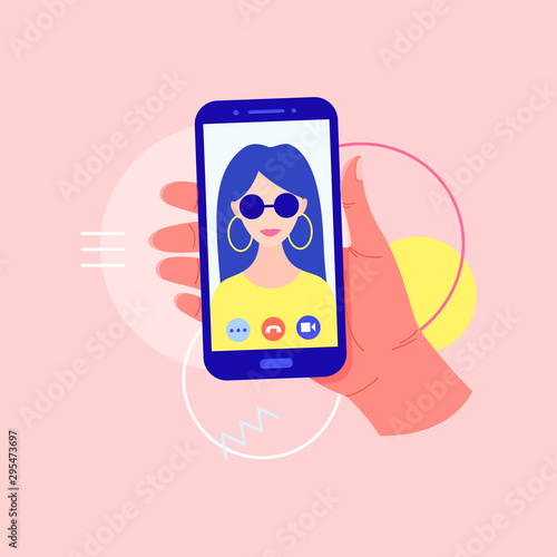 Concept of online video call app. Video chatting online on smartphone, isolated icon. Video chat with young girl on screen. 