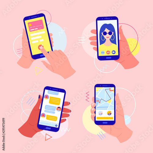Hands holding a mobile phone with applications on the screen: online payment by card, video call, taxi call, chat in the messenger. 