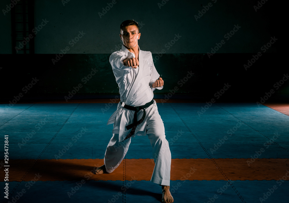 Young man is practicing martial arts in sport gym