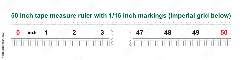 50 inch tape measure ruler with 1/16 inch markings. Imperial grid below. Scale 1:1. 50 inch tape measure ruler with 1/16 inch markings. Imperial grid below. Scale 1:1.