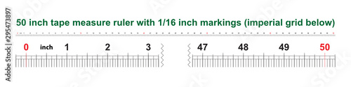 50 inch tape measure ruler with 1/16 inch markings. Imperial grid below. Scale 1:1.