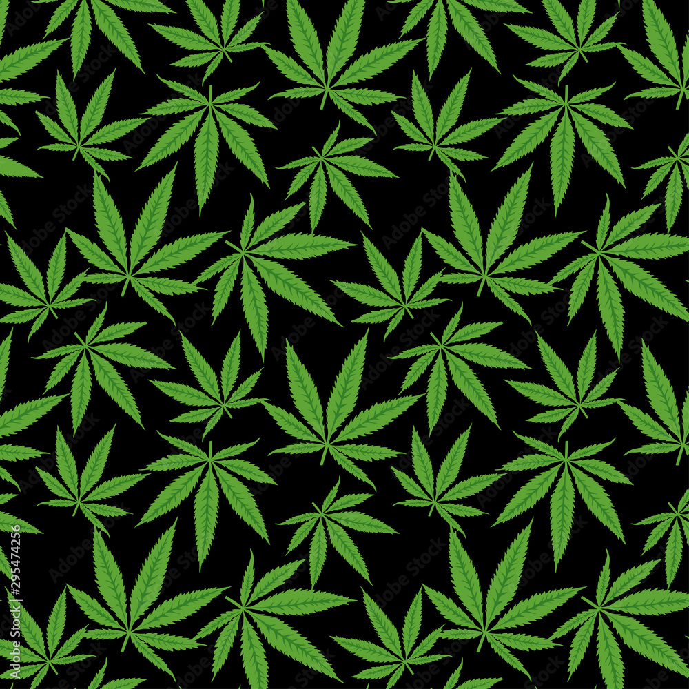Seamless black vector pattern of hand drawn marijuana leaves
