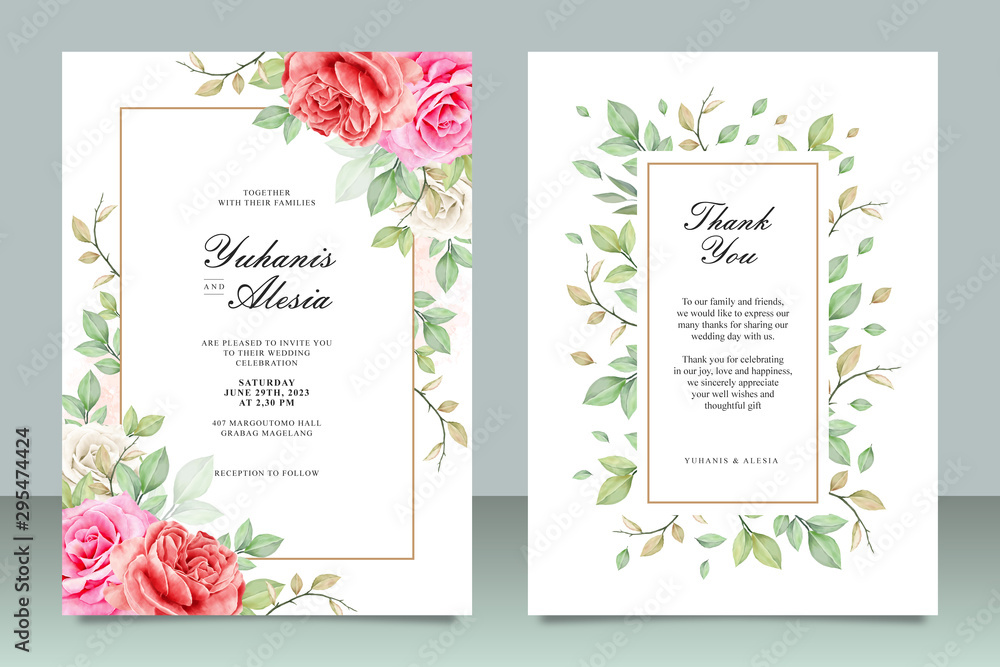 Beautiful wedding invitation card template with flowers and leaves watercolor