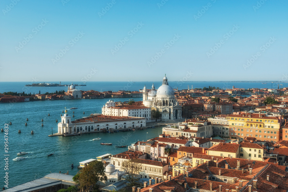 Cathedral of Santa Maria Salute view from St Mark's Campanile bell tower in Venice, Italy, located in the Piazza San Marco.