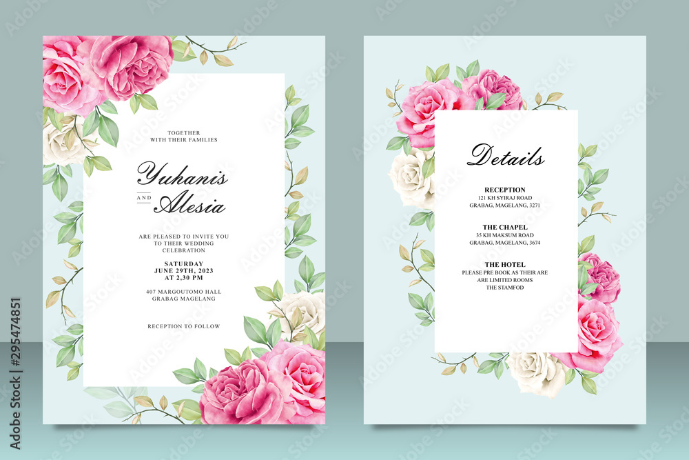 Elegant wedding invitation card template with flowers and leaves