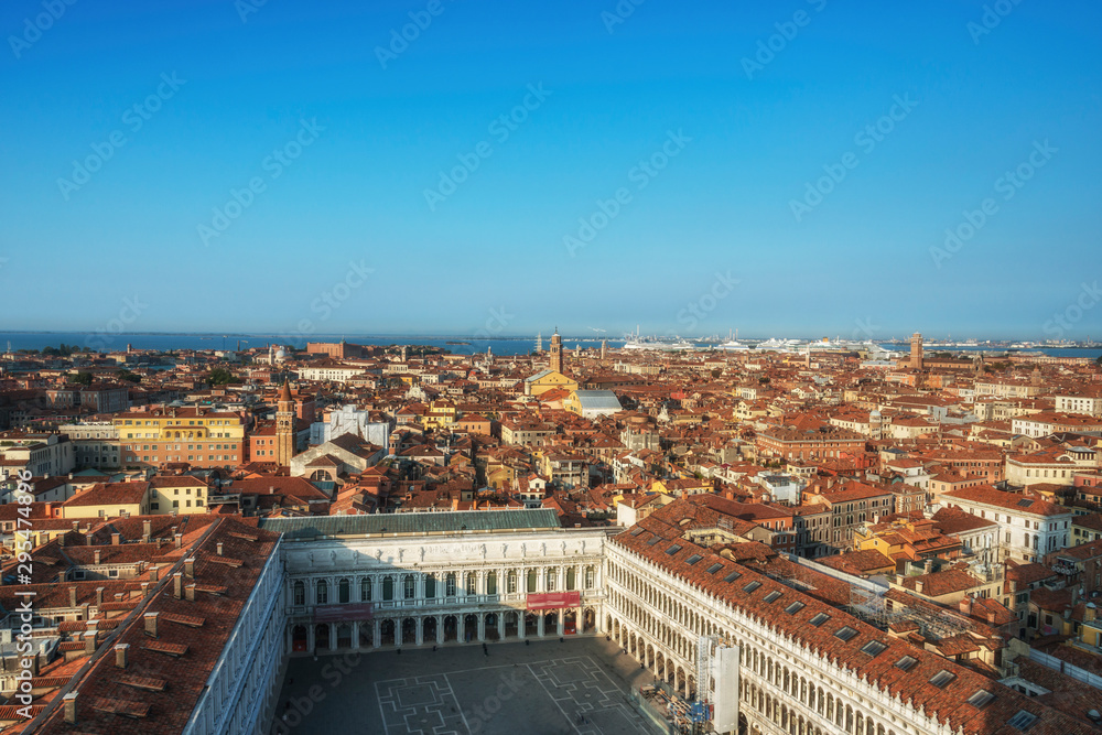 Panoramic view of Venice and San Marco Square from campanile of San Marco Basilica in Venice, Italy.