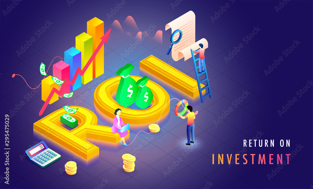 Return on investment (ROI) isometric background with growth or profit graphs, money and miniature business people.