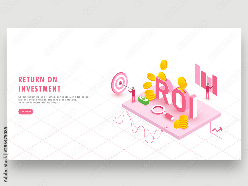 Return On Investment concept, isometric design with 3D text ROI, Miniature business people making strategy to achieve the goal, efficiency of investment or financial strategy based web template. Return On Investment concept, isometric design with 3D text ROI, Miniature business people making strategy to achieve the goal, efficiency of investment or financial strategy based web template.