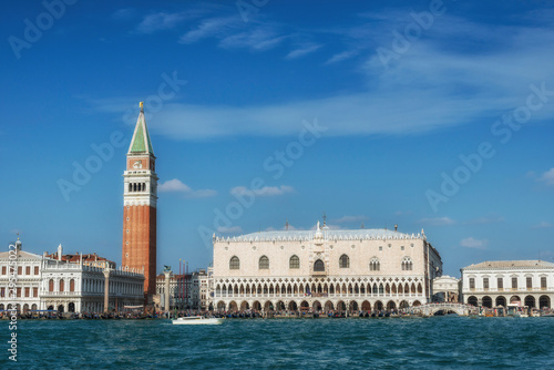 St Mark's Square, Campanile of San Marco and Bridge of Sighs. View from Grand Canal. (Piazza San Marco). Venice, Italy.