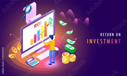 Return on investment  ROI  isometric background with growth or profit graphs  money  and miniature business person analysing the stats.