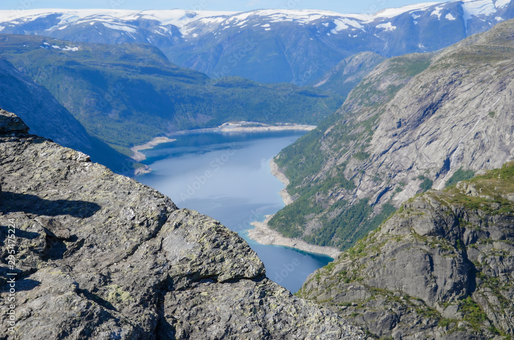 Scenic beautiful Nature - the view from the cliff Trollunga in the Norwegian mountains.
