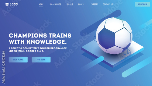 Website or mobile apps landing page design, 3d illustration of football on shiny blue background for Soccer tournament concept.