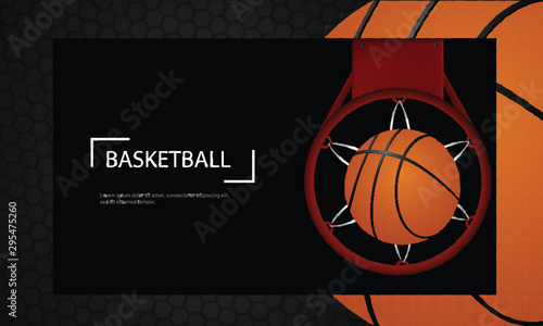 Top view of basketball hoop on black background, poster or banner design.