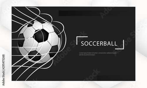 Realistic football in net on black background for soccer tournament concept based poster or banner design.