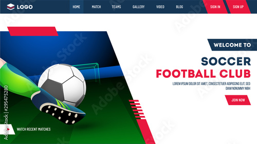 Football player kicking the soccer ball on night stadium background. Soccer club landing page design.