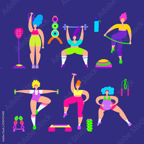 Concept illustration of gym with girls doing sport training. Exercise women. Health female.