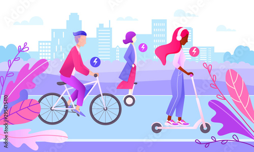 Smart city concept. Teenagers driving electric transport. transport. 