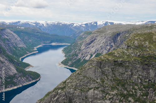 Scenic beautiful Nature - the view from the cliff Trollunga in the Norwegian mountains.