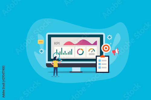 Business analytic, technology for big data, key performance indicator, business intelligence kpi, man monitoring kpi metrics, web banner, presentation, template. Flat design vector concept.
