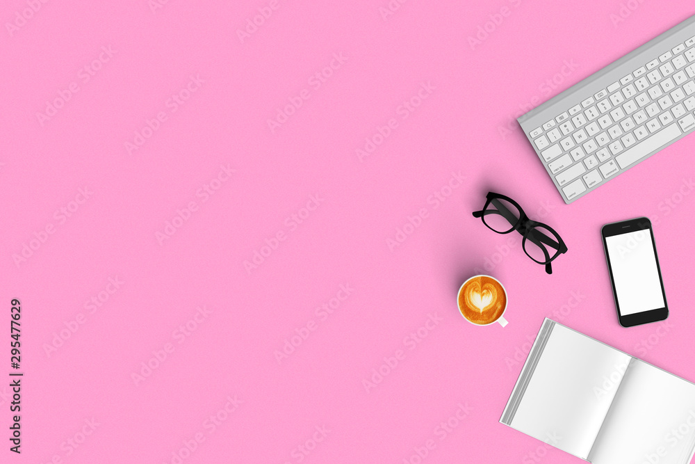 keyboard , coffee ,smartphone , notebook on the color background top view