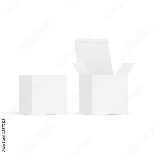Two square cardboard boxes with open and closed lid isolated on white background. Vector illustration
