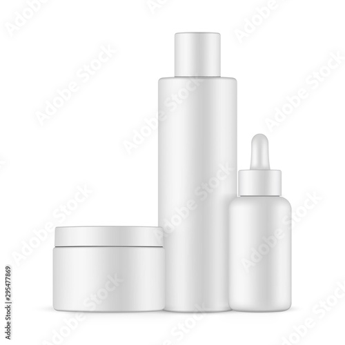 Set of blank plastic containers mockups: bottle with cap, dropper bottle and cream jar. Vector illustration
