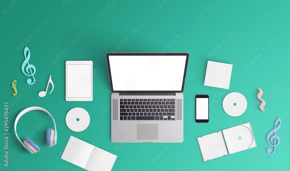 creative mock up laptop , tablet, smartphone ,music cover cd creative mock up laptop , tablet, smartphone ,music cover cd