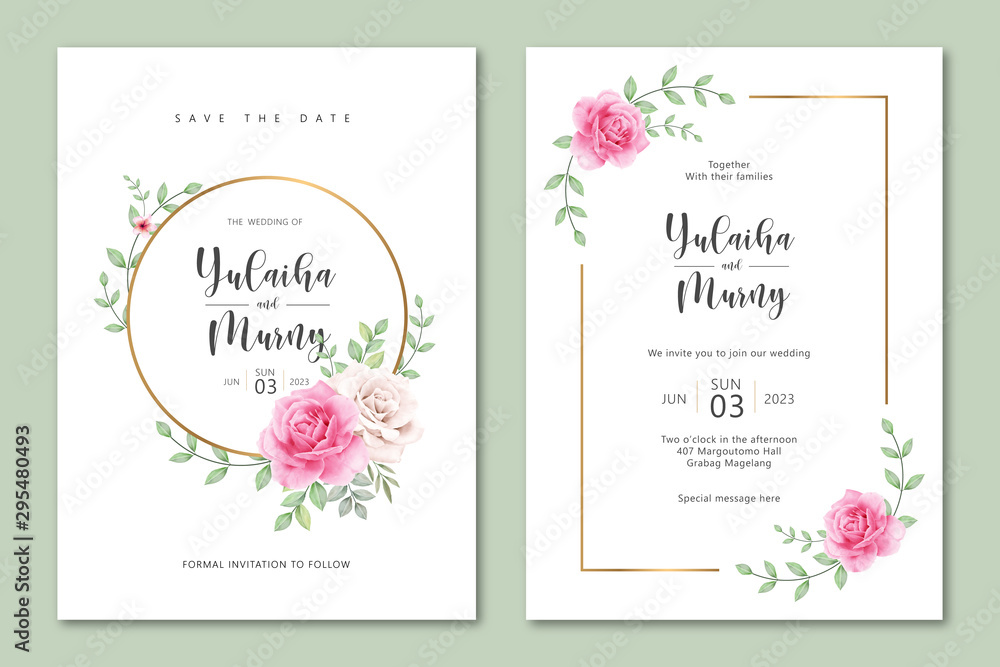 Cute wedding invitation card template with roses watercolor