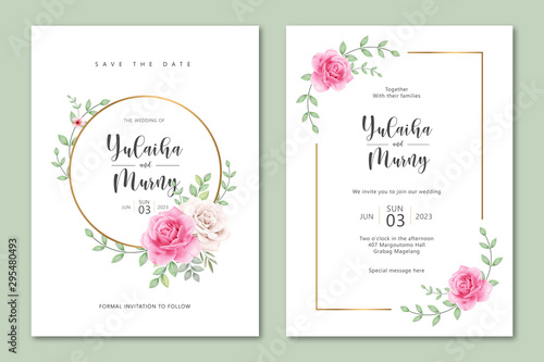 Cute wedding invitation card template with roses watercolor