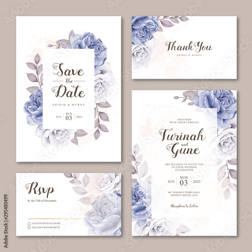Cute wedding invitation card template with roses watercolor