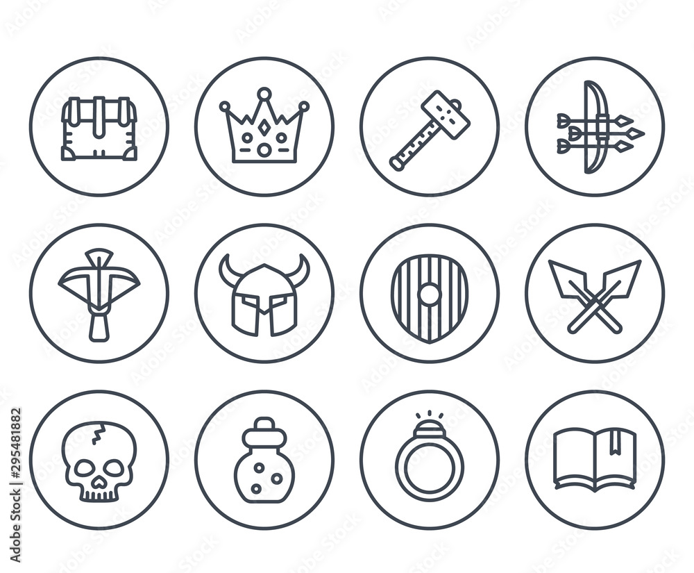 Game line icons on white set 2, armor, crossbow, chest, arrows and bow, potion, crown, war hammer, ring Game line icons on white set 2, armor, crossbow, chest, arrows and bow, potion, crown, war hammer, ring