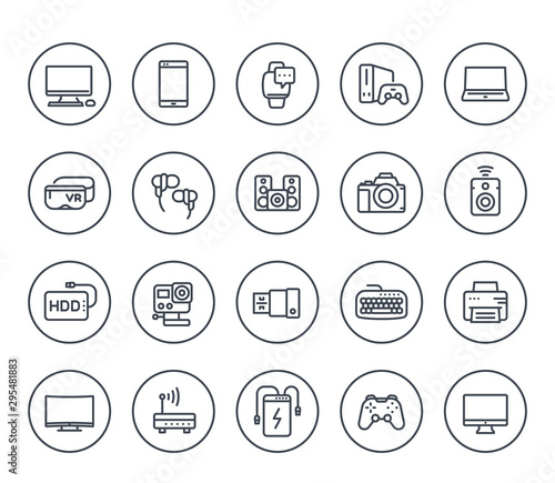 gadgets, modern devices line icons on white, action camera, portable power bank, smart watch, external hard drive, vr headset, wireless speaker, game console and controller