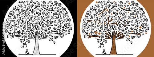 Doodle tree animal bird cartoon monochrome black white line vector design