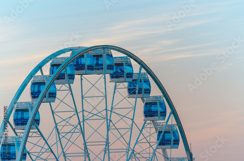 Aerial view of the Ferris wheel at sunset in Helsinki, Finland.