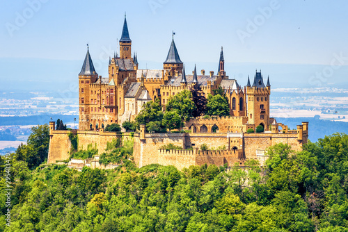 Hohenzollern Castle on mountain top close-up, Germany Fotobehang