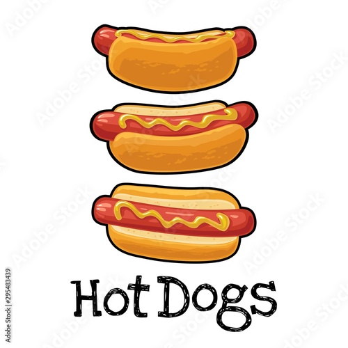 Hotdog with tomato, mustard, leave lettuce. Vector color flat icon