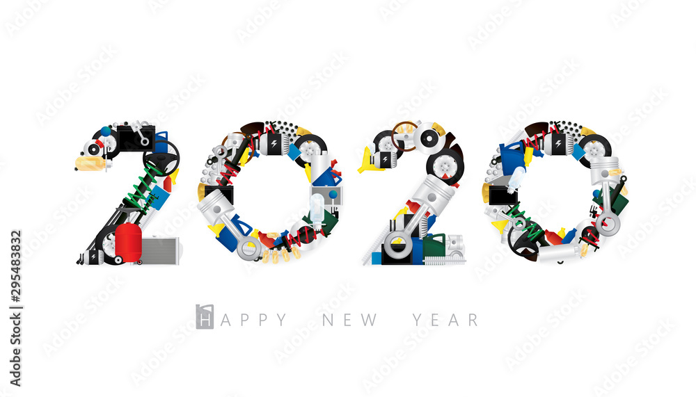 Vector Happy New Year 2020  text design with auto maintenance parts for car mechanic service concept isolated on white background.